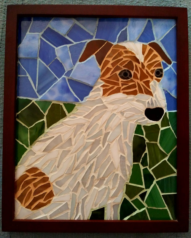 Framed Jack Russell opaque glass mosaic, 