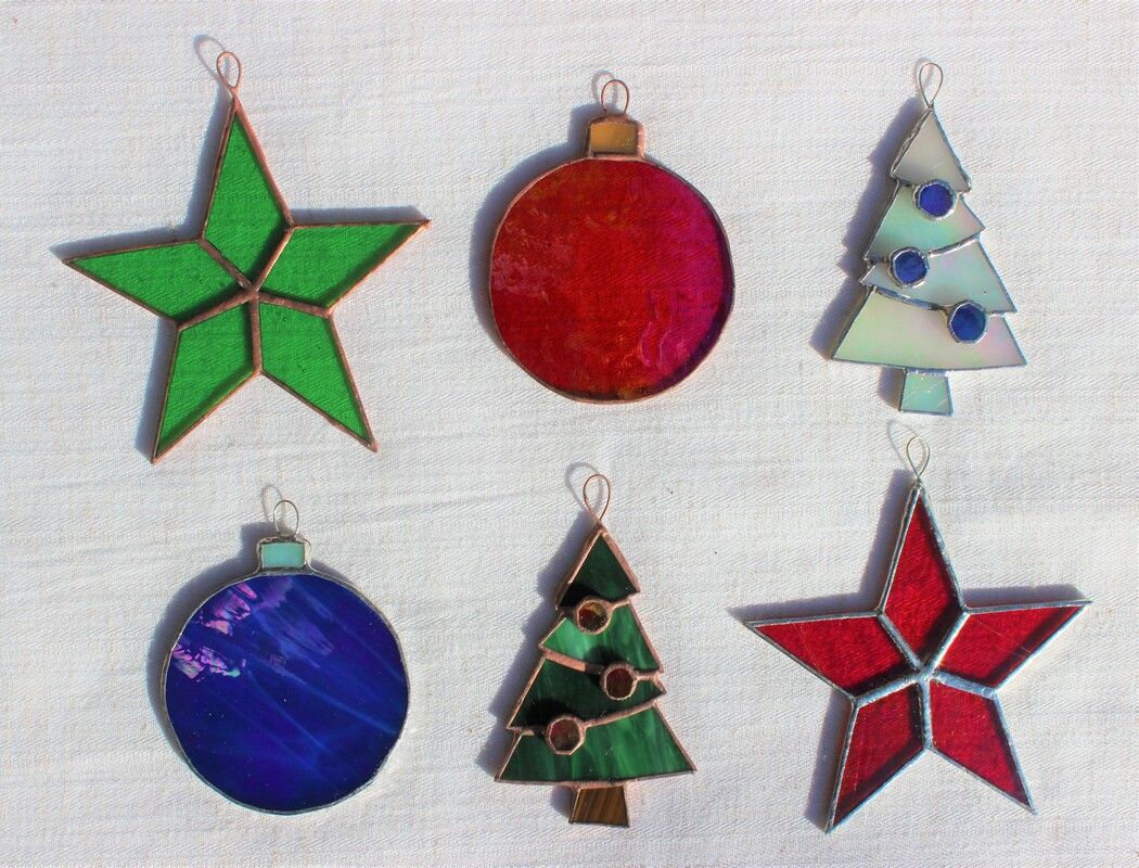 Christmas ornaments: trees, baubles, and stars