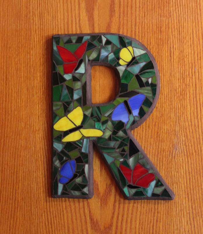 mosaic letter R with butterflies