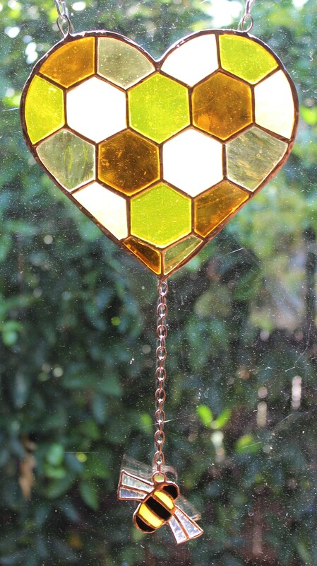 Hexagon heart with bee dangle, freeform stained glass 