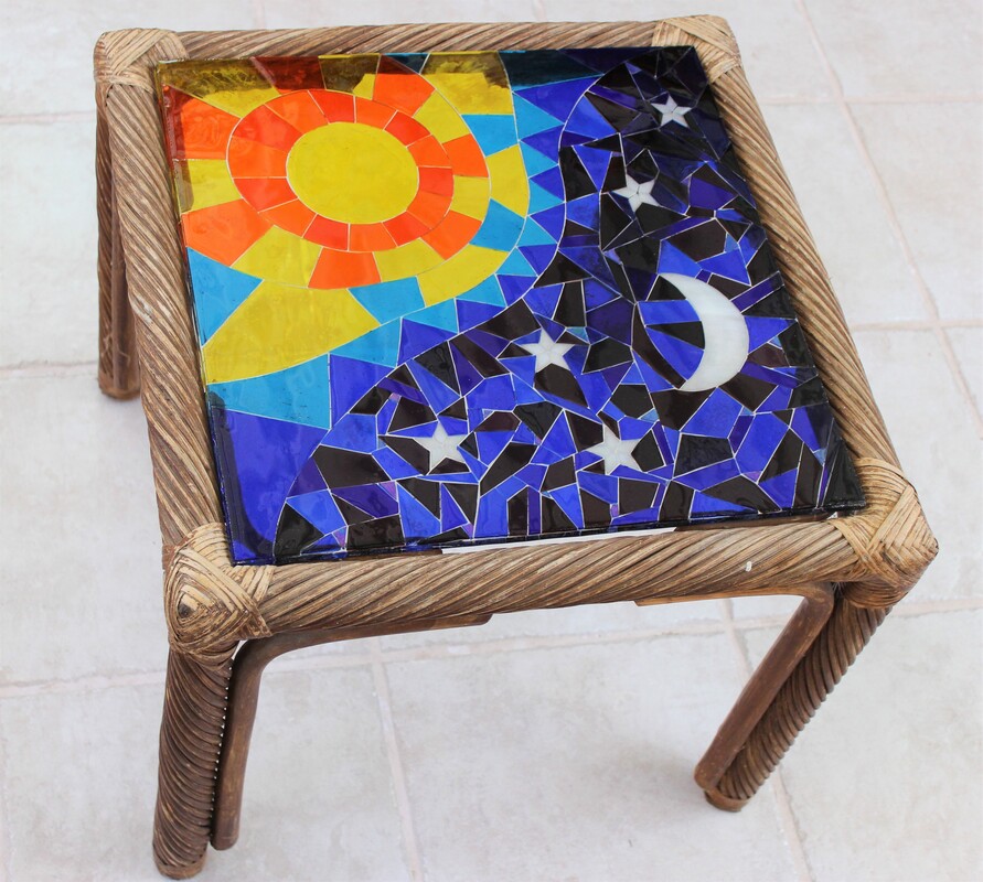 mosaic glass tabletop, sun and moon